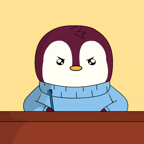 Gif of a pudgy penguin thinking and writing.